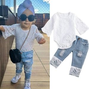 👶5/$15 Pants Set Ruffles Sleeve Lace Romper + Denim Ripped Jeans Out